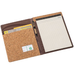 A4 cork folder with writing pad, pen loop and storage compartments