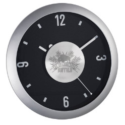 Plastic wall clock with an aluminium centre plate for easy engraving. Very elegant design, 