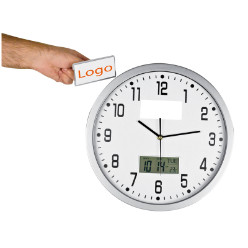 Analogue Wall Clock with digital day, date and temperature display, includes detachable plate for easy branding, white face with black numbers and dials