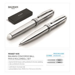 An executive Balmain writing set with a stylish shiny finish, barrel & lid brass with polished chrome plating, clip polished chrome, with black German ink, presentation box 18.8 ( l ) x 7.2 ( w ) x 2.2 ( h )