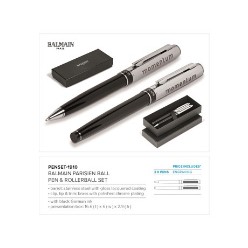 An executive Balmain writing set with a stylish glossy finish, barrel stainless steel with gloss lacquered coating, clip, tip & trim brass with polished chrome plating, with black German ink, Balmain branded presentation box 16.6 ( l ) x 6 ( w ) x 2.9 ( h )