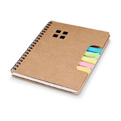 Spiral bound notebook, 70 sheets of lined recycle paper, 25 x 5 colours of sticky tags, Recycled paper