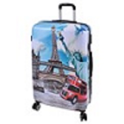 Fashion luggage bag includes main zip compartment, inner zip compartment, side handle, top handle and combination lock, with retractable handle and 4 x rotatable wheels, PVC case and 210D lining and aluminium handle