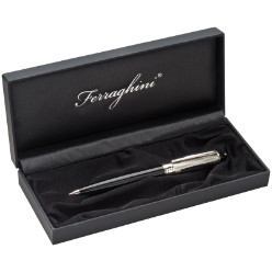 E/M Ballpoint Pen with textured silver detail. Packed in a black gift box with silk lining. Supplied with BLUE ink