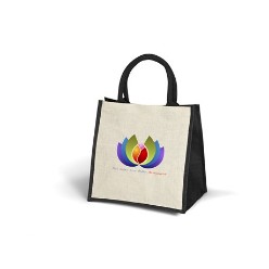 Lovely Natural tote with black side trims and black handle, One main compartment with Velcro closure . Padded cotton double handles large enough to carry over shoulder or by hand, Environmentally friendly, re-usable, Laminated Jute