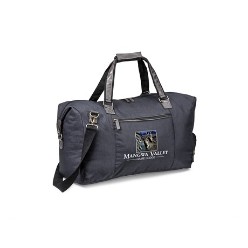 Go away for the weekend in style. Main zippered compartment. Front zippered pocket. Additional zippered shoe compartment. PU accents and trims. 2 tone polyester & vinyl. Adjustable removable shoulder strap