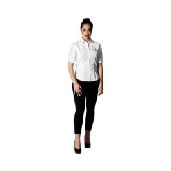 Features include ¾ sleeve with cuffs, front and back darts, side slits, curved hem, Regular fit, 110gsm, 65/35 Polycotton