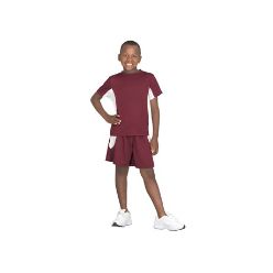 160g/m2 100% polyester Birdseye short sleeve with panel detail at sleeves and sides ï¿½ self-fabric crew neck