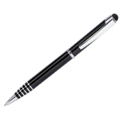 Separate yourself from the competition with this super classy executive ballpoint stylus pen. It features a metal barrel with contrasting silver insets, soft rubber tip for any touchscreen device, contains German manufactured black ink.