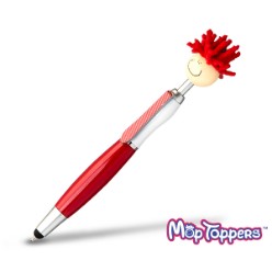 Ensure your logo stands out with this fun and functional MopTopper Stylus Pen. Its eye-catching features include a smiley face with a microfibre mop top that can be used to clean your mobile device, a silicone stylus tip, bright funky coloured lower barrel with a matching striped tie and mop top hair. Contains black ink refill.