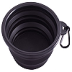 Portable dog bowl, push the rubber disc to expand into a bowl made from rubber with a carabinder