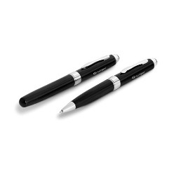 An elegant ball pen and rollerball set with smooth glossy design, barrel heavy-weight brass with gloss lacquered coating, clip, tip & trim polished chrome, with black German ink, simulated leather pouch 15.5 ( l ) x 4.6 ( w ) x 2 ( h )