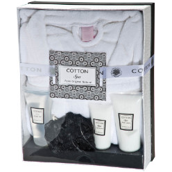 Wellness Gift Set with soft. white Bathrobe and delicately perfumed shower gel. body lotion. hand cream. a shower sponge. presented in beautiful gift box with ribbon