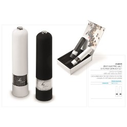 Add flavour to your event with this chic salt and pepper set. Set is black and white, includes push button and 4 x AA batteries per grinder ? ABS with rubberised finish  22.5 ( h ) x 5 ( dia )? Stunning presentation box 26.2 ( l ) x 18.8 ( w ) x 6.2 ( h ).